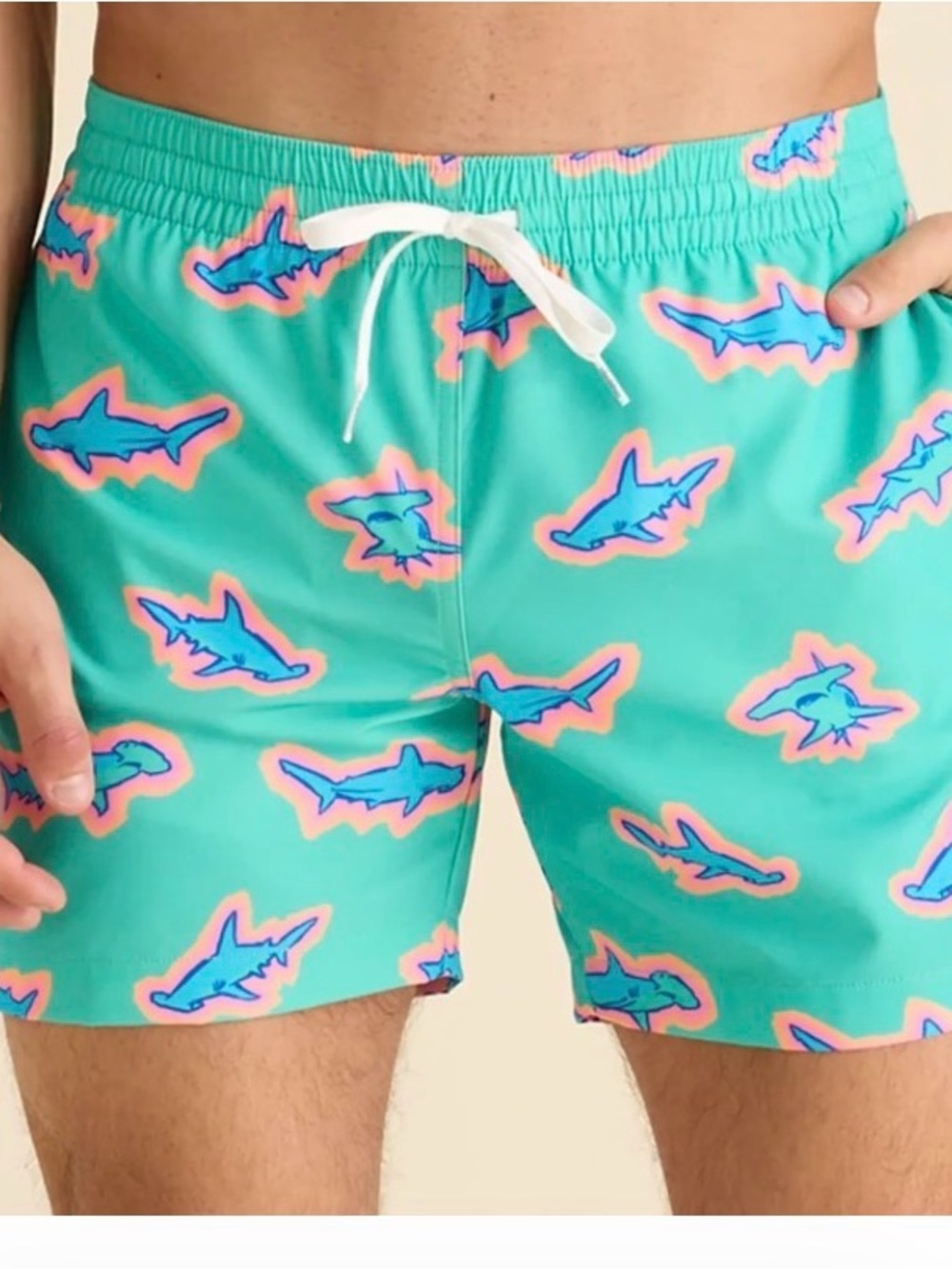 chubbies Teal Swim Trunks with Pink-Outlined Shark Print